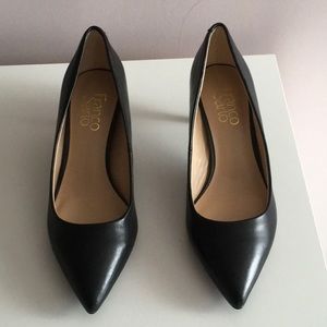 Black leather kitten heel pumps